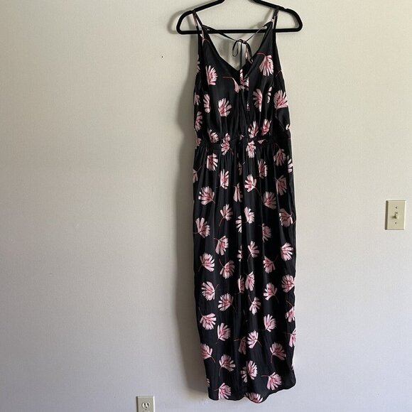 Express Womn L Black Floral Satin Tie Back Spaghetti Straps Faux Wrap Maxi Dress - Picture 9 of 10